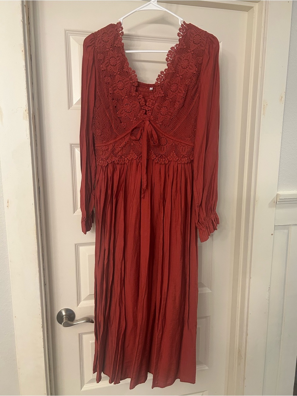 Boho Lace-Trim Long Sleeve Maxi Dress in Rust